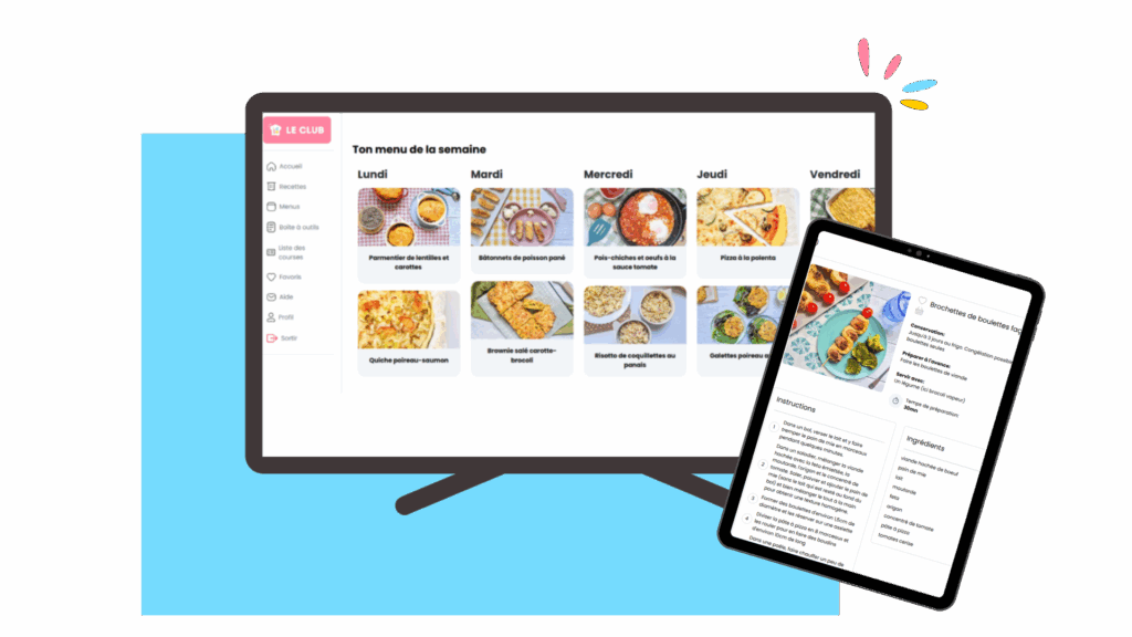 Teaser de l'accès au Club avec les menus de la semaine, qui changent hebdomadairement, et un exemple de recettes.