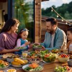 Famille avec enfants en terrasse partageant un repas d'été avec des légumes et des crudités